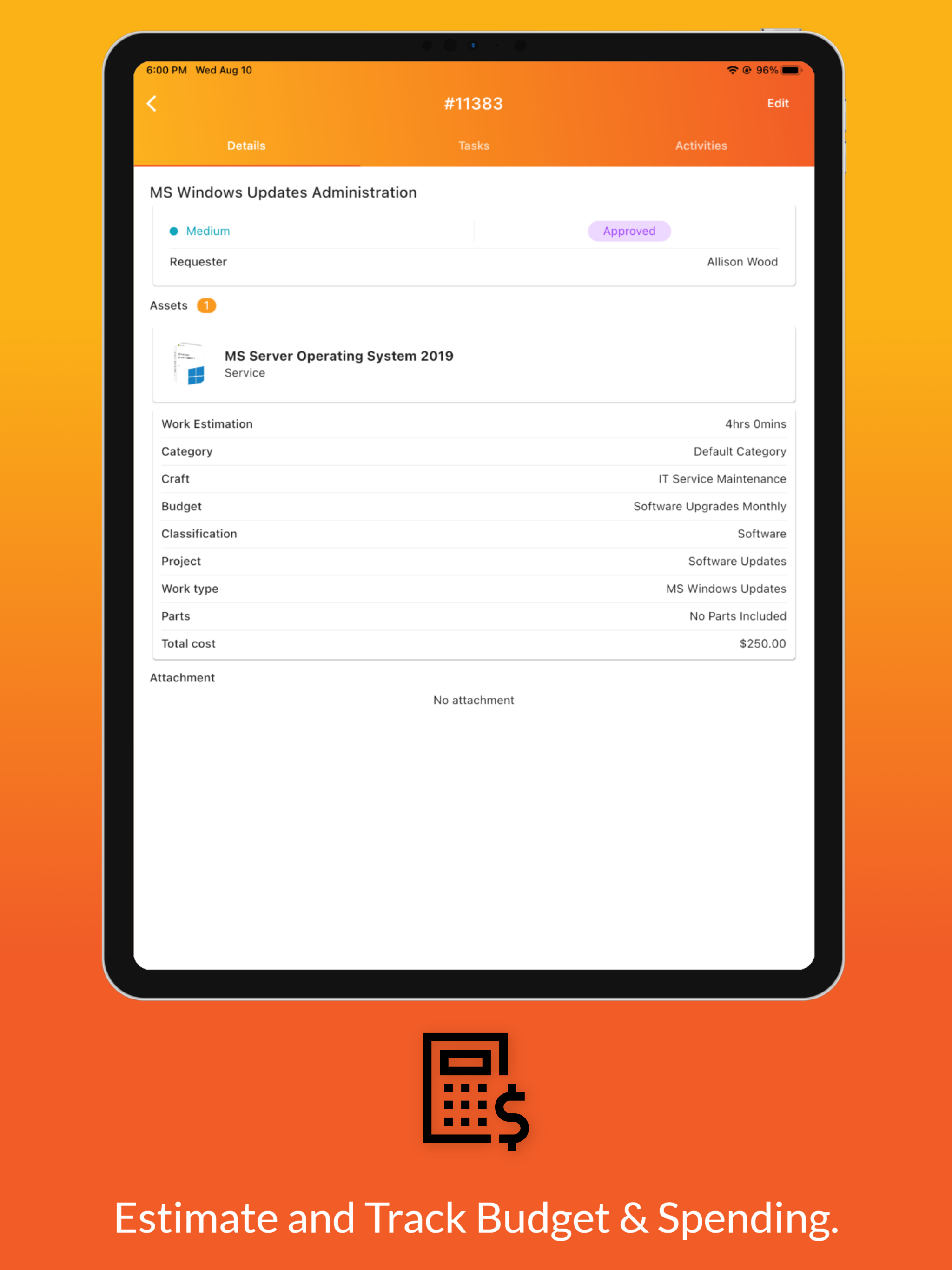 screenshot of Zunaso Work Order